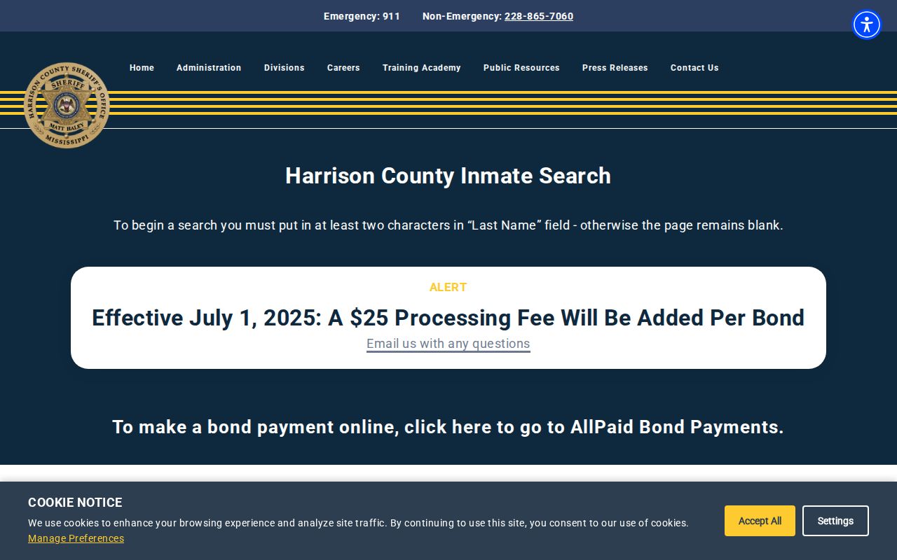Harrison County Sheriff inmate search interface