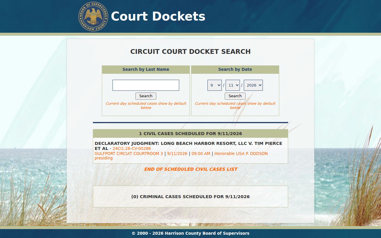 Harrison County Circuit Court docket search controls