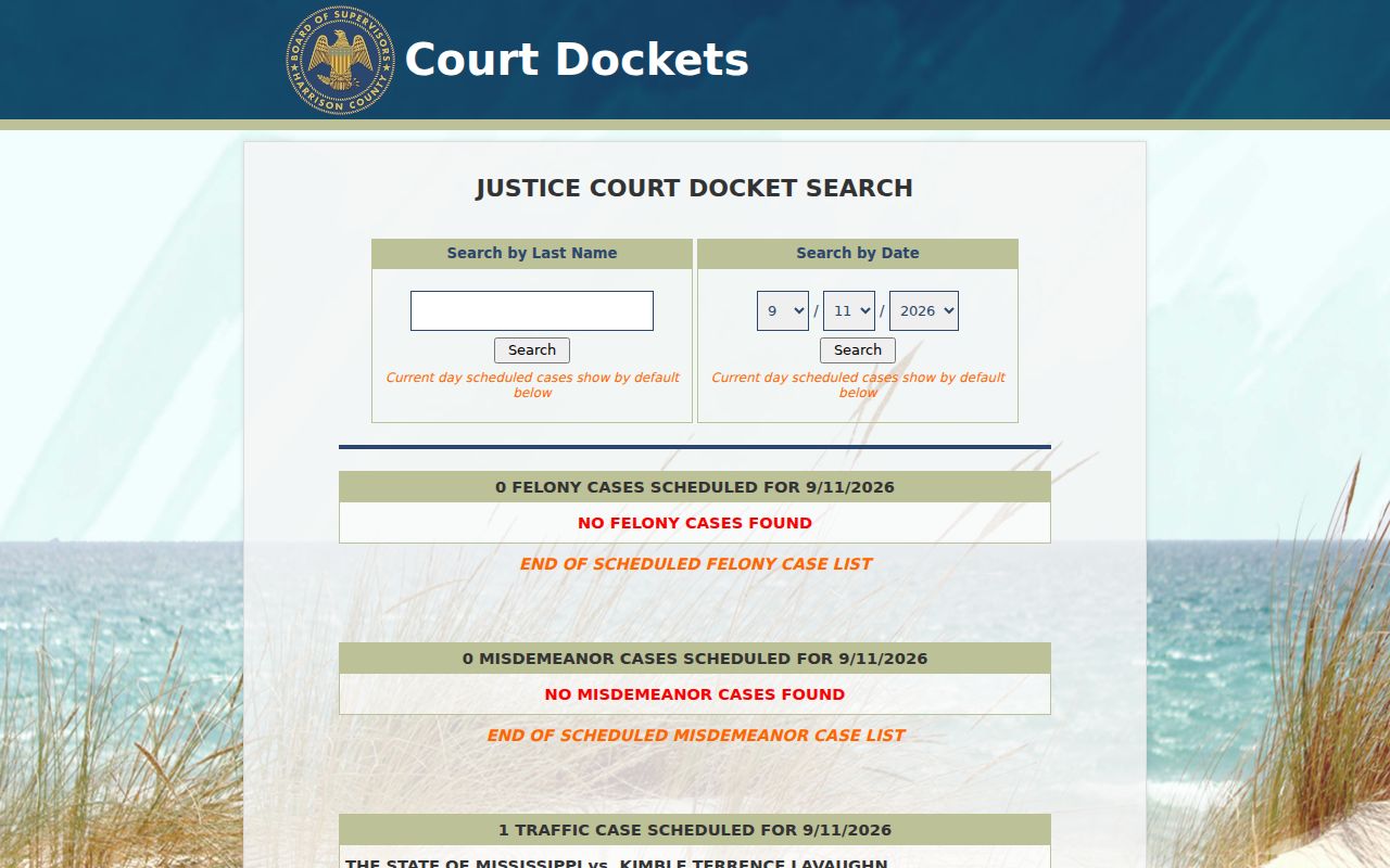 Harrison County Justice Court docket search interface