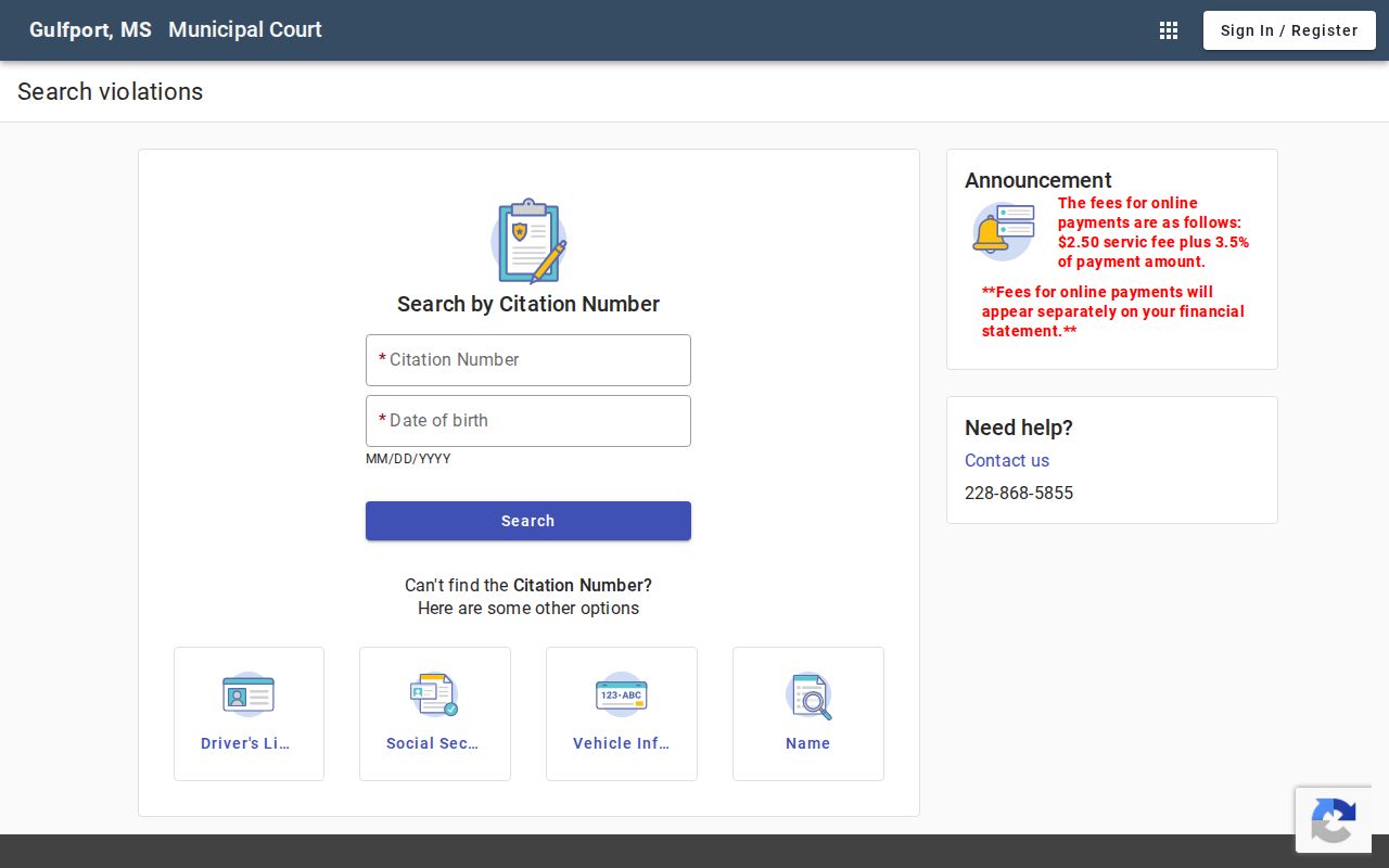 Gulfport Municipal Court citation search controls